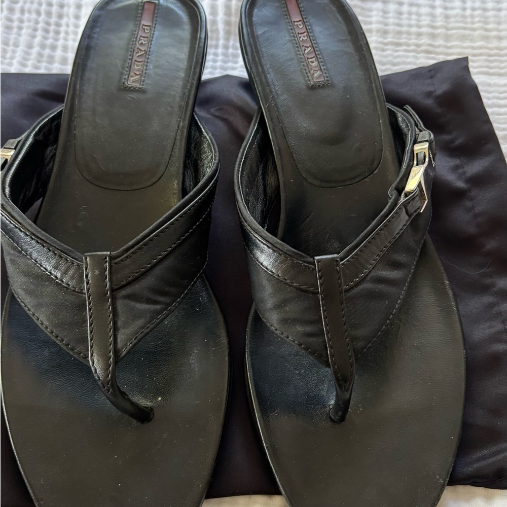 Prada Black Leather Thong Sandals